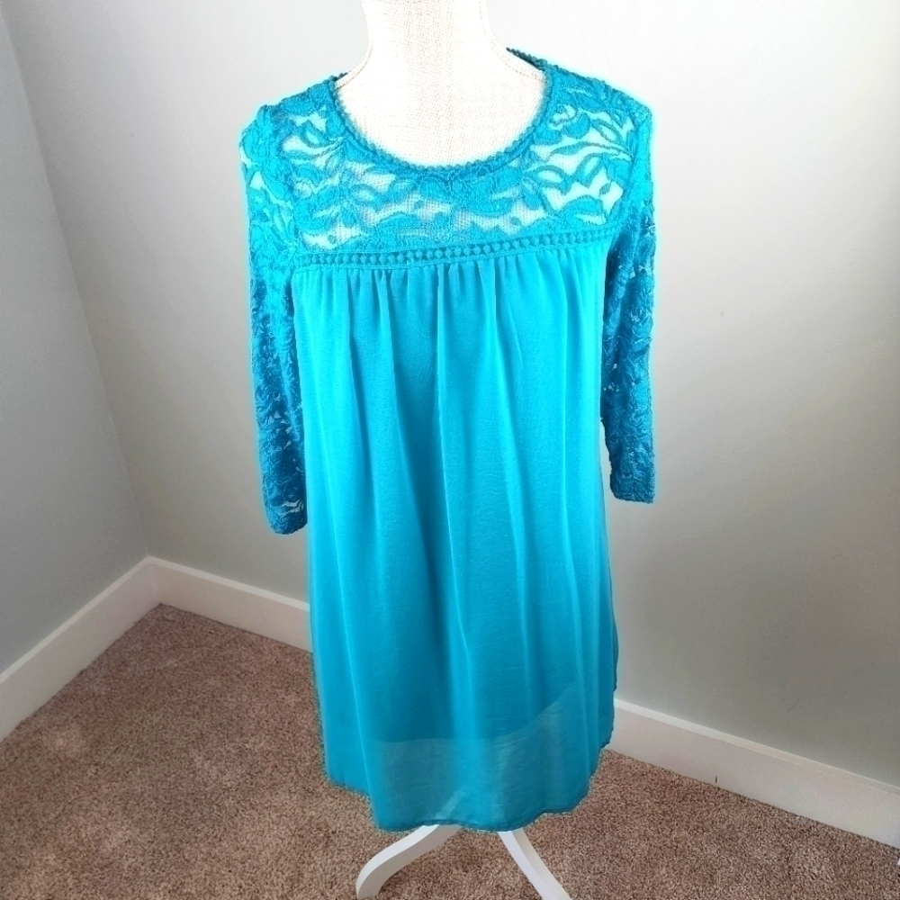As You Wish Women's Teal Lace  Long Sheer Sleeves Lined Midi Dress Size Small